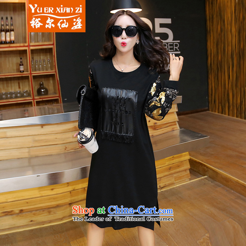 Yu's sin for 2015 autumn to load new xl female thick mm loose video in long on thin film chip beads dresses female black 2XL 125-145 recommends that you Jin