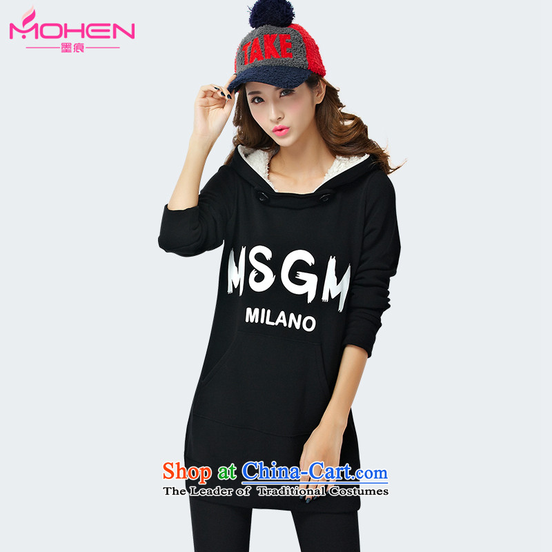 Ink marks on the Korean version of autumn and winter to increase women's code thick mm thin stylish with cap graphics plus lint-free sweater two kits Leisure Sports Suits1340Black3XL_ recommendations 150-165catties_