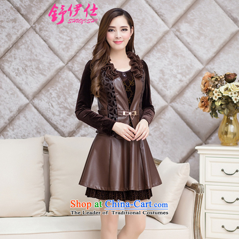 Schui Sze autumn and winter new Fat MM king dresses oversized code women Kim scouring pads stitching PU skirt fashion, forming the warm skirt personality two kits skirtsXXXXXL Brown