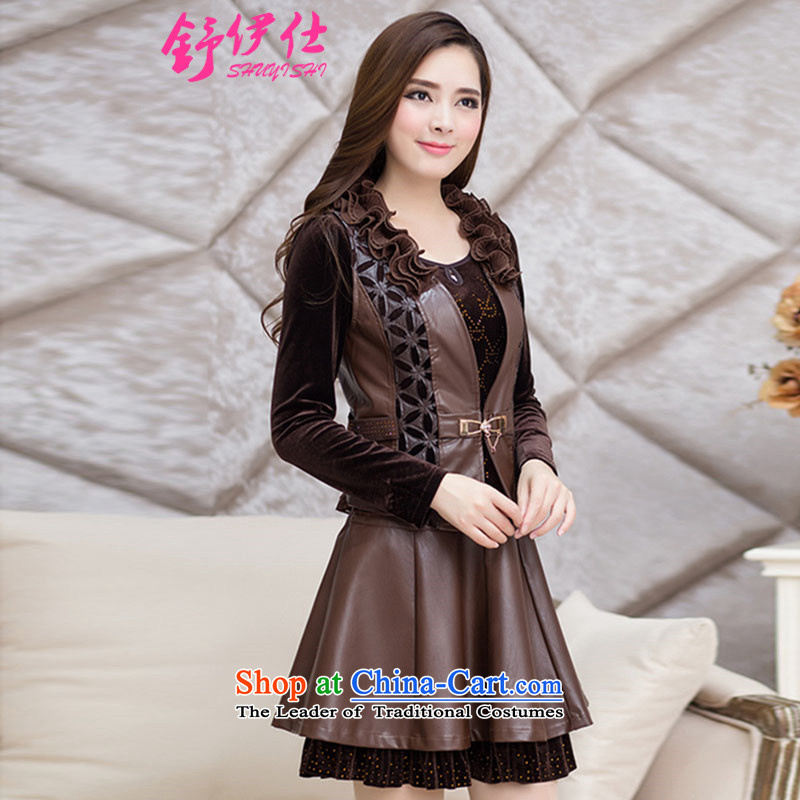 Schui Sze autumn and winter new Fat MM king dresses oversized code women Kim scouring pads stitching PU skirt fashion, forming the warm skirt personality two kits skirt brown XXXXXL, schui see (shuyishi) , , , shopping on the Internet