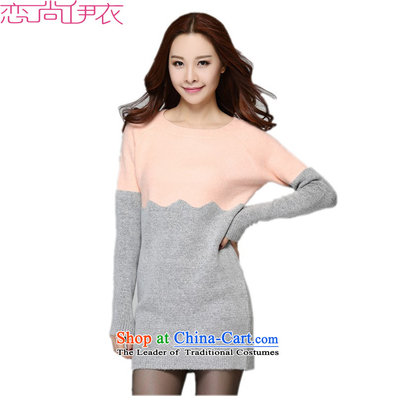 The new 2015 Fall_Winter Collections thick Mei xl dresses round-neck collar temperament long-sleeved stitching color and Sweater Knit skirts package cheongsams forming the skirt thick m short skirt pink?approximately 140-155 2XL catty