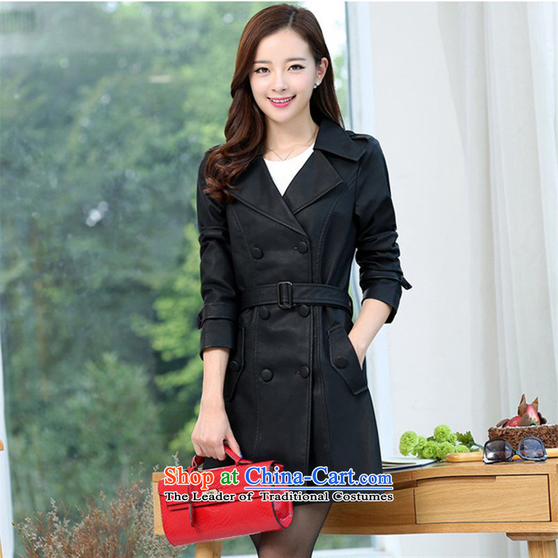 Curran ad 2015 autumn and winter Ms. New PU Yi stylish ultra thin video   High-end in large long washable Imitated leather wind jacket J1569 XL(120-140 black) Curran the catty (current) , , , shopping on the Internet