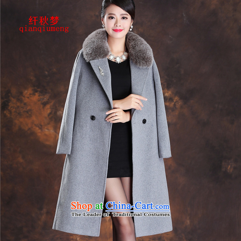 The former Yugoslavia autumn dreams 2015 new women's winter Western Wind stylish commuter wild fox gross for video thin long-sleeved wool cashmere overcoat female A39-580? gray?XL