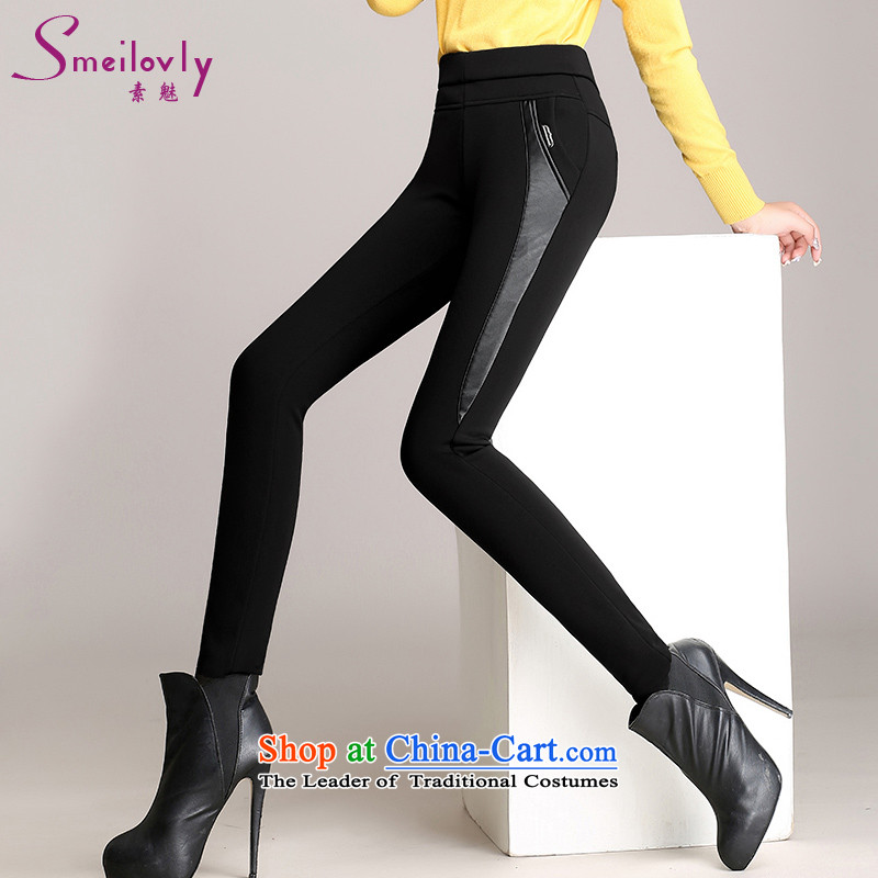 So clearly to xl women wear trousers 2015 autumn and winter plus lint-free high-thick waist PU stitching elastic wild castor trouser press trousers?8510?Black Large Code 4XL around 922.747 180