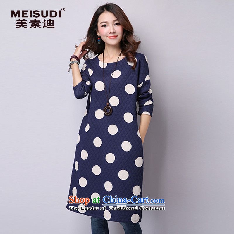 2015 Autumn and Winter Korea MEISUDI version of large numbers of ladies wave point in thin graphics loose reinforcement of literary and artistic temperament, forming the long-sleeved dresses White XL