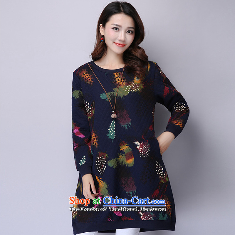 2015 Autumn and Winter Korea MEISUDI version of large numbers of ladies loose video clip cotton waffle thin in the stamp forming the long long-sleeved dresses dark blue XXL, MISO (MEISUDI) , , , shopping on the Internet