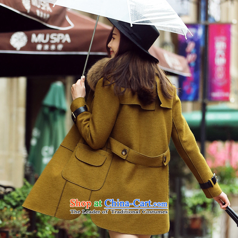 Park woke up to 2015 winter clothing New Korea long-sleeved pullover, long-Nagymaros collar jacket coat? female yellow and green , L, awakening Paradise Shopping on the Internet has been pressed.