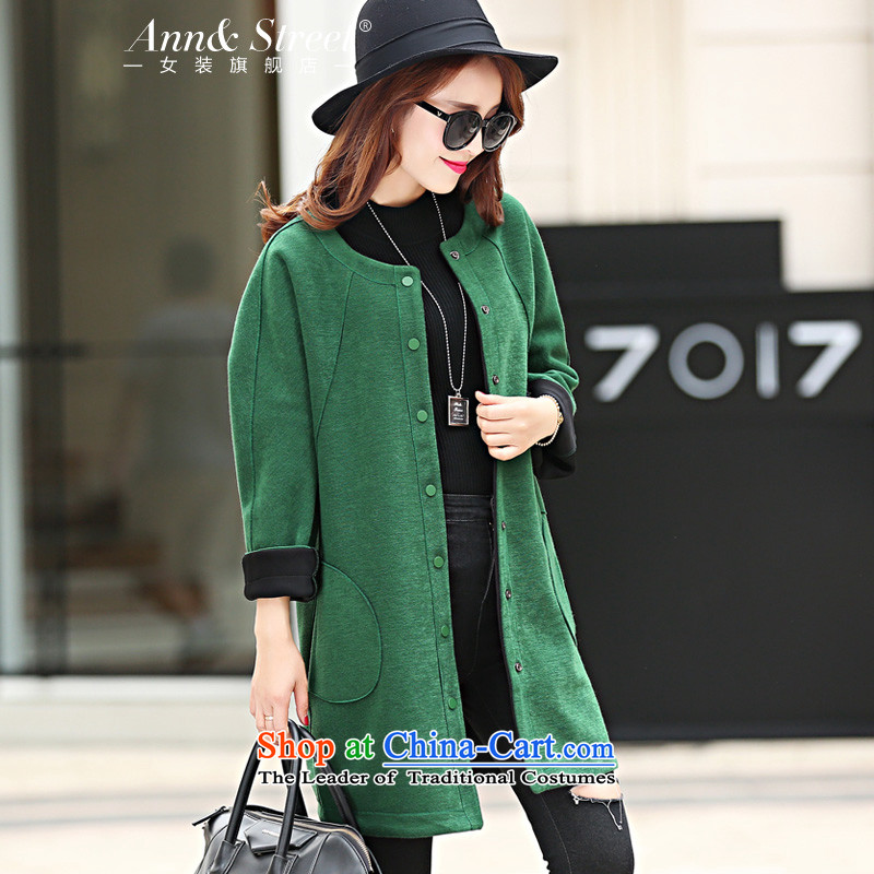 Anne Road 2015 new Korean style of autumn and winter round-neck collar pure color is long single row of coats jacket female green? , L, Anne Avenue (annstreet) , , , shopping on the Internet