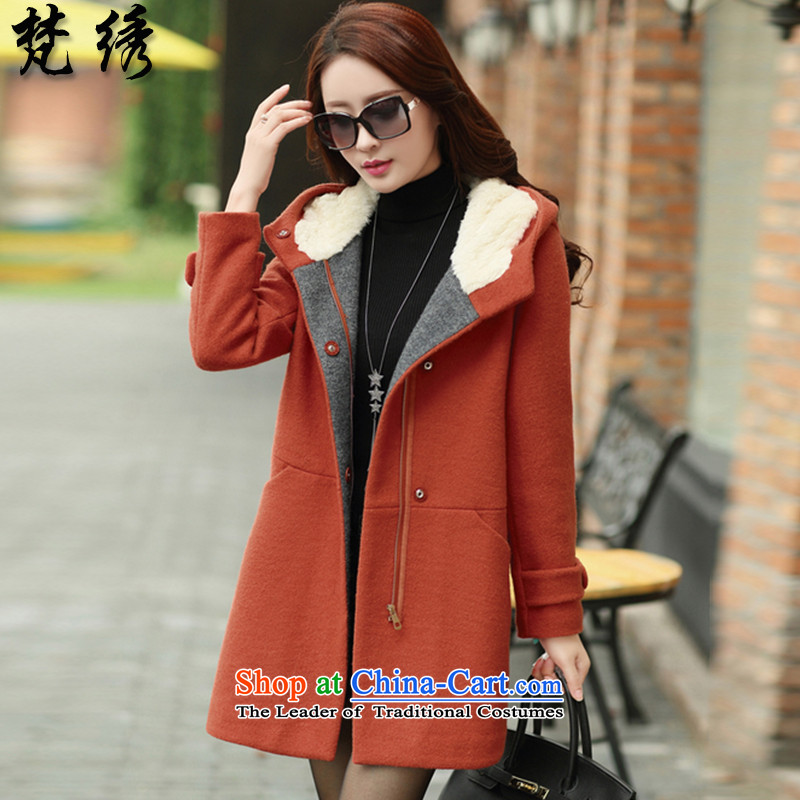 Van Gogh2015 autumn and winter embroidered new European site Lamb with cap in the long hair of coats female fashion? 1609red-orangeXXL
