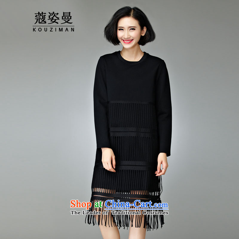 Khao Lak Gigi Lai Man of autumn and winter 2015 new products to xl long-sleeved dresses edging new mm female body decorated in rich graphics thin black 3XL people thick