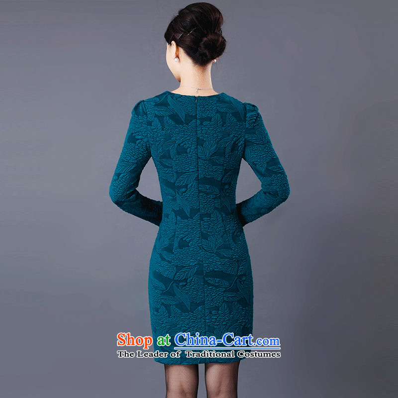 Yuen Yuk 2015 autumn and winter new women's round-neck collar temperament stamp large Sau San long-sleeved dresses W8241 Peacock Blue 3XL, Yuen Yuk , , , shopping on the Internet