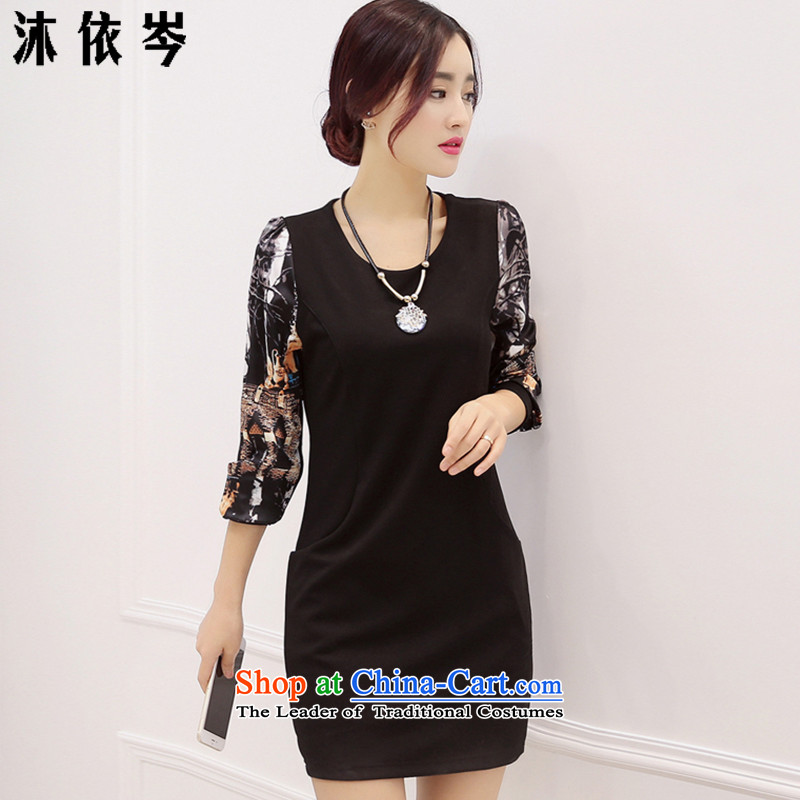 In accordance with the CEN 2015 bathing in the autumn and winter New Women Korean large thin graphics Sau San Fat MM long-sleeved stitching plus forming the thick wool dresses 108_ blackXXL
