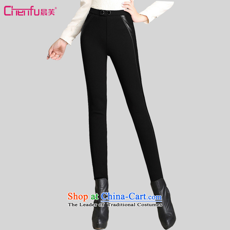 Morning to 2015 autumn and winter new Korean version of large numbers of women who are spelled leather pants ere temperament and lint-free cleaning video thin solid thick warm trousers thick black trousers, forming the mm?4XL?RECOMMENDATIONS 150 - 160131