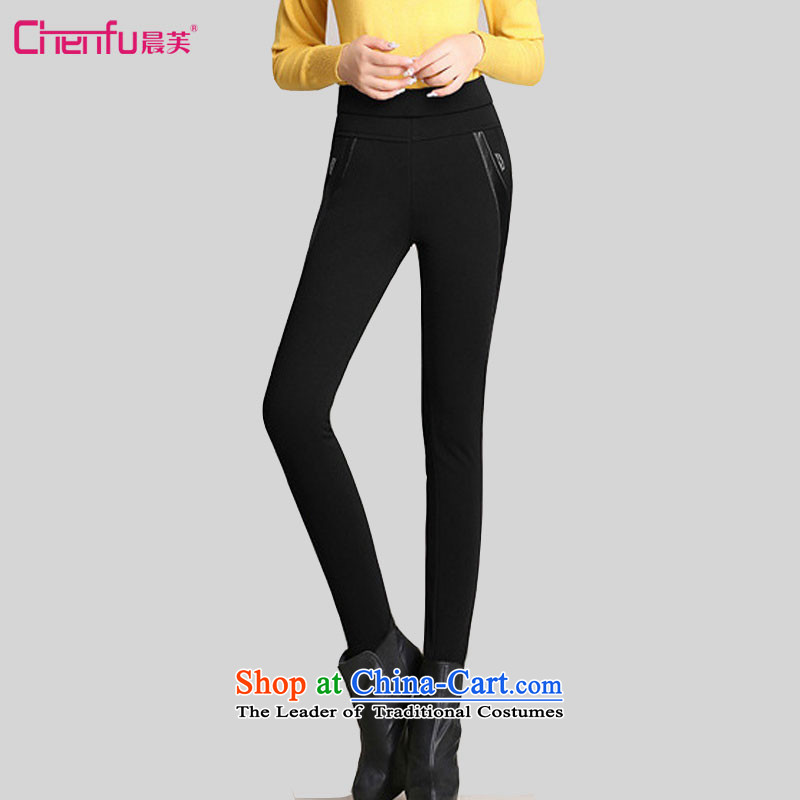 Morning to 2015 winter clothing new larger female plus lint-free cleaning thick MM thick solid graphics thin stretch of Sau San stitching castor trousers gold lint-free warm black trousersLrecommendations 110-120 catty