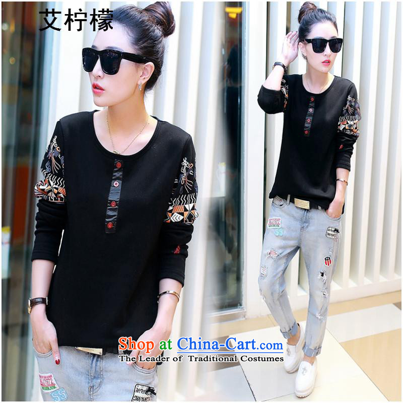 Hiv lemon autumn and winter Loaded on new larger t-shirt Korean Version to increase women's long-sleeved expertise for forming the sister shirt thick mm plus lint-free video warm thick thin cotton T-shirt black 4XL., ILEMON lemon (HIV) , , , shopping on the Internet