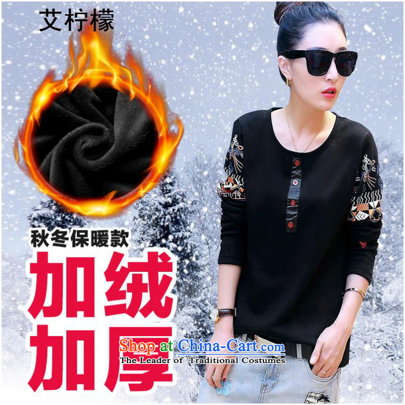 Hiv lemon autumn and winter Loaded on new larger t-shirt Korean Version to increase women's long-sleeved expertise for forming the sister shirt thick mm plus lint-free video warm thick thin cotton T-shirt black 4XL., ILEMON lemon (HIV) , , , shopping on the Internet