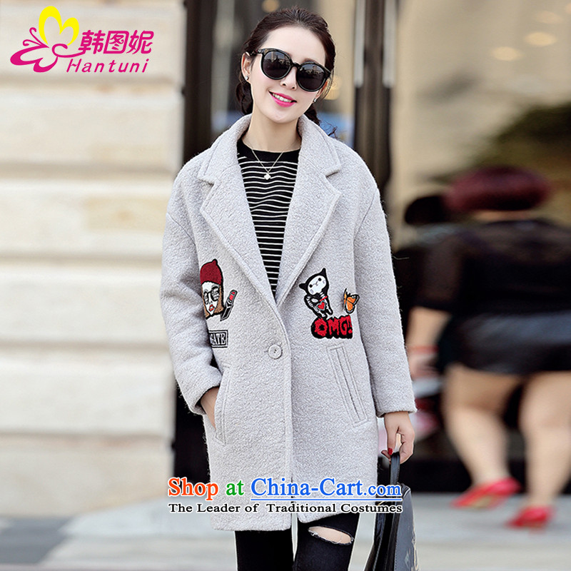Korean figure Connie autumn and winter 2015 new small-wind jacket in gross Ms.? long large female Korean college wind-thick wool coat-cocoon? a wool coat gray?M