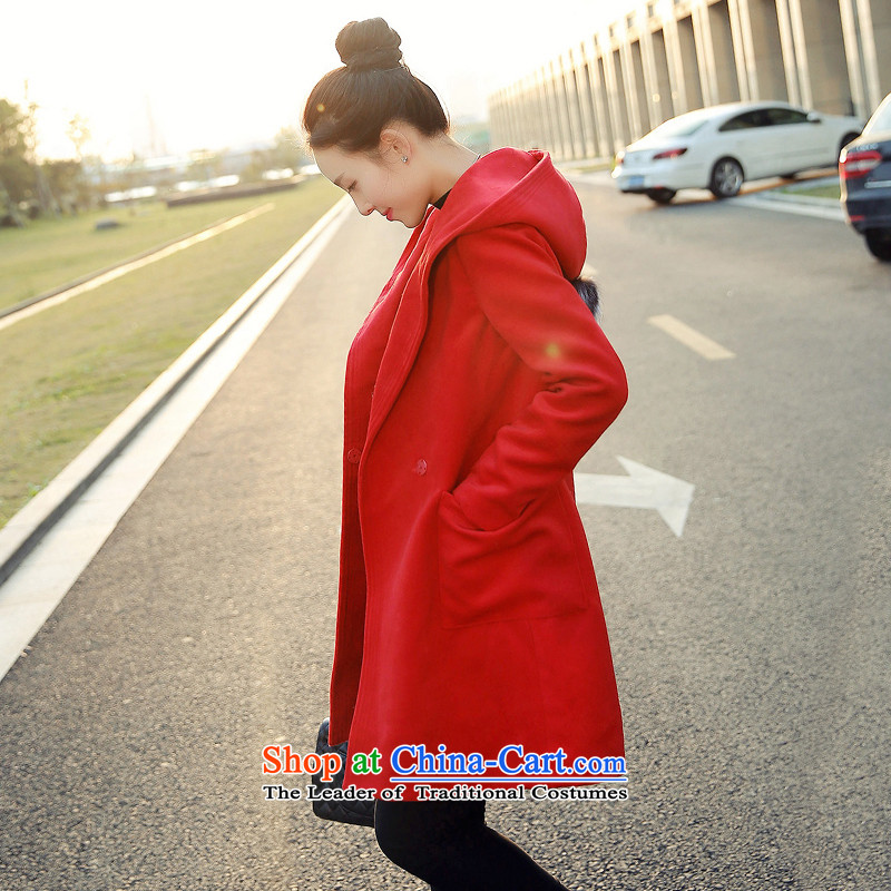 Sin has won the new version of the winter 2015) Loose stylish Sau San warm currents pure color long hair? female RED M Sin coats has shopping on the Internet has been pressed.
