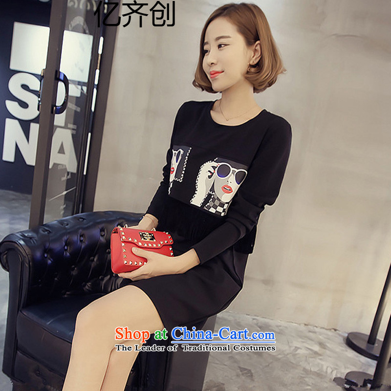 Billion gymnastics 2015 autumn and winter new Korean version of large numbers of ladies edging dress in long loose long-sleeved T-shirt with round collar? D6819?Black?XL