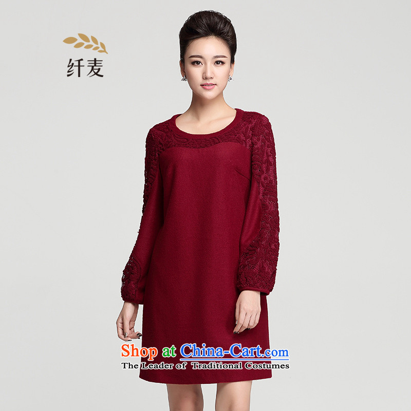 The pre-sale of Yugoslavia Migdal Code women 2015 Fall_Winter Collections thick MM long-sleeved lace cuff gross? forming the dresses?954101624?wine red pre-sale 12.12 shipment?4XL