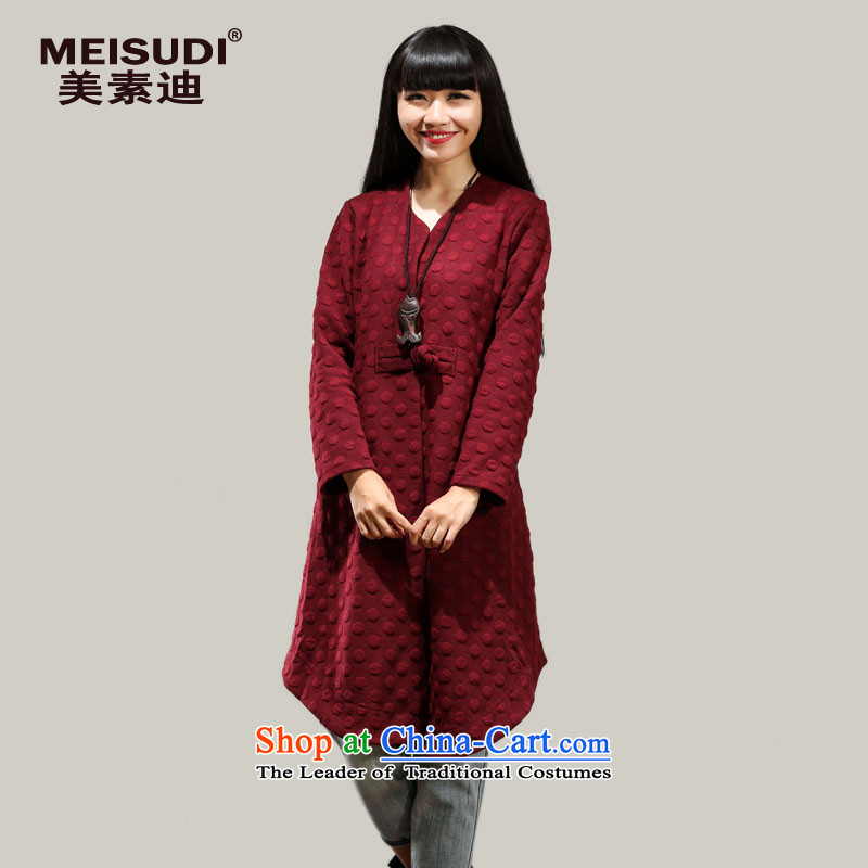 2015 Autumn and Winter Korea MEISUDI version of large numbers of ladies pressure dot disc is long loose video thin cardigan literary and artistic temperament wild jacket dark redL