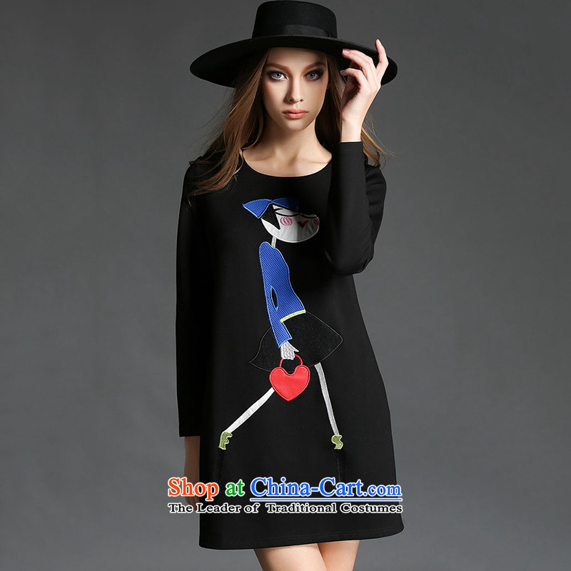 Rui poem m high-end large European and American Women's code load to fall more winter clothing thick woman video thin to intensify the skirt of autumn in the cartoon catty 200_ long-sleeved black round-neck collar4XL