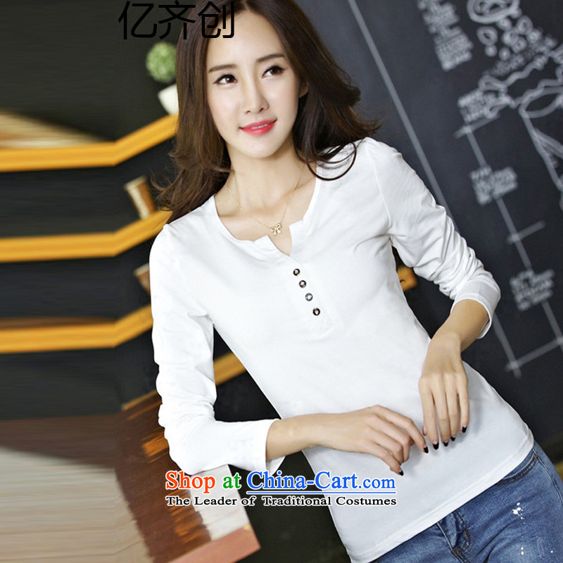 Billion gymnastics 2015 autumn and winter large women forming the thick wool shirts in Sau San Solid Color V-Neck long-sleeved T-shirt? FF341 female?white?L