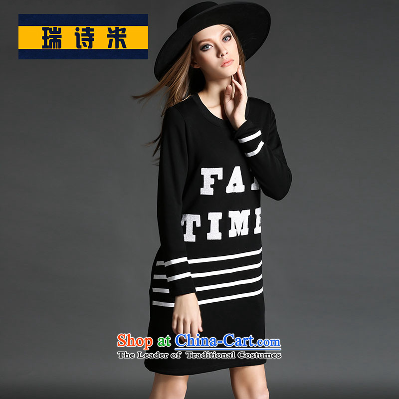 Rui poem m high-end large European and American Women's code load to fall more winter clothing thick woman video thin to intensify the skirt of autumn in the cartoon catty 200_ long-sleeved black round-neck collar2XL