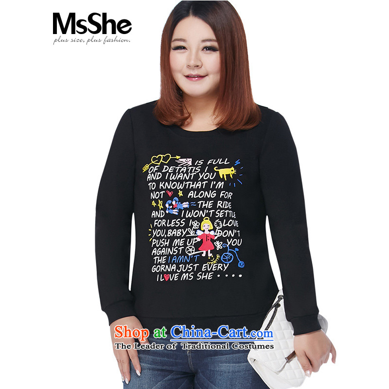 To increase the number msshe women 2015 new winter clothing thick MM black letters cartoon stamp sweater 10496?3XL black
