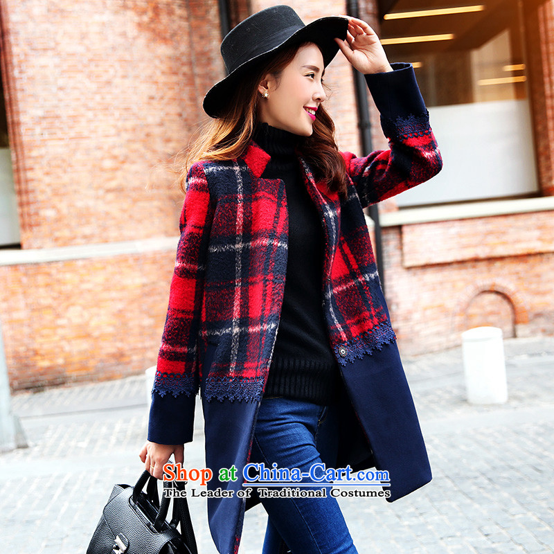 Park woke up to 2015 winter clothing new Korean straight sleek collar in long grid? female red jacket gross S