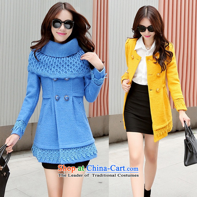 Meijia Garment2015 autumn and winter new Korean lace stitching in long Sau San a wool coat 978 BLUEXL