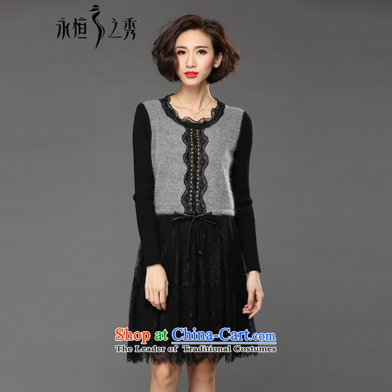 The Eternal Sau 2015 large female winter clothing lace spell a series of dresses Fall_Winter Collections dresses thick mm thin black?4XL Graphics