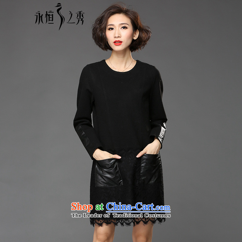 The Eternal Sau 2015 large female winter clothing PU lace stitching forming the skirt MM200 thick catty3XL black skirt