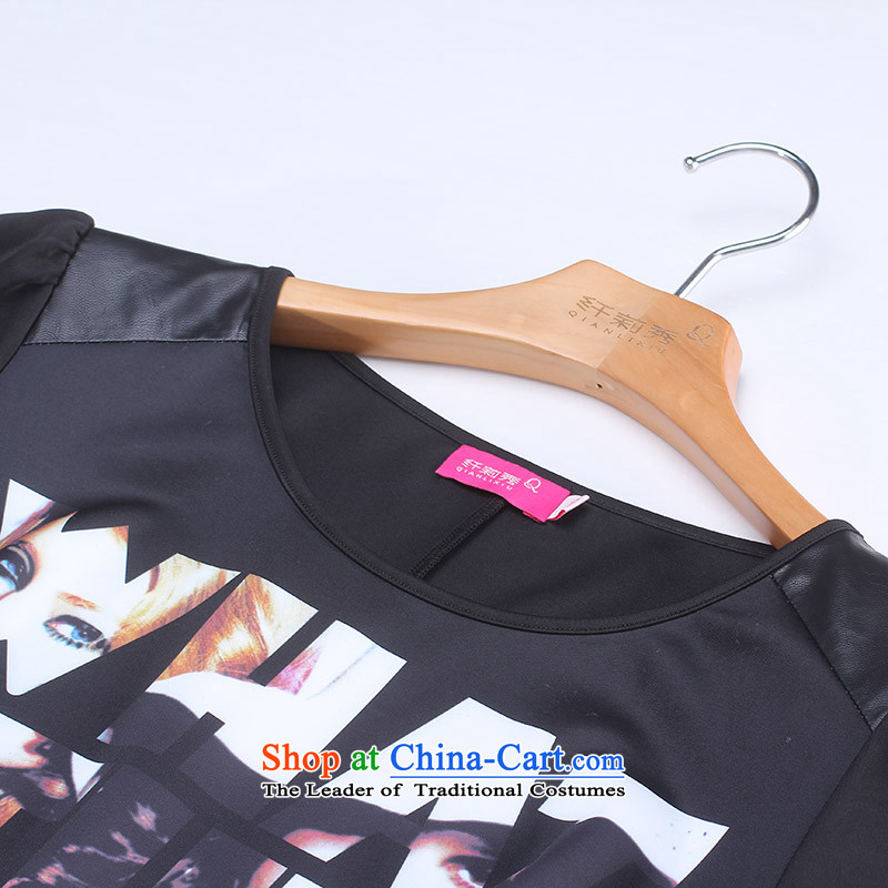 The former Yugoslavia Li Sau 2015 Fall/Winter Collections new larger female round-neck collar stamp PU stitching graphics slender TEE female 0866 Black 3XL, Yugoslavia Li Sau-shopping on the Internet has been pressed.
