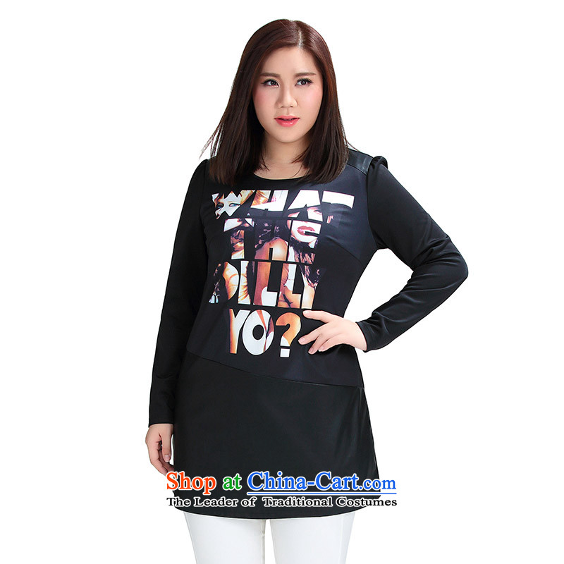 The former Yugoslavia Li Sau 2015 Fall/Winter Collections new larger female round-neck collar stamp PU stitching graphics slender TEE female 0866 Black 3XL, Yugoslavia Li Sau-shopping on the Internet has been pressed.