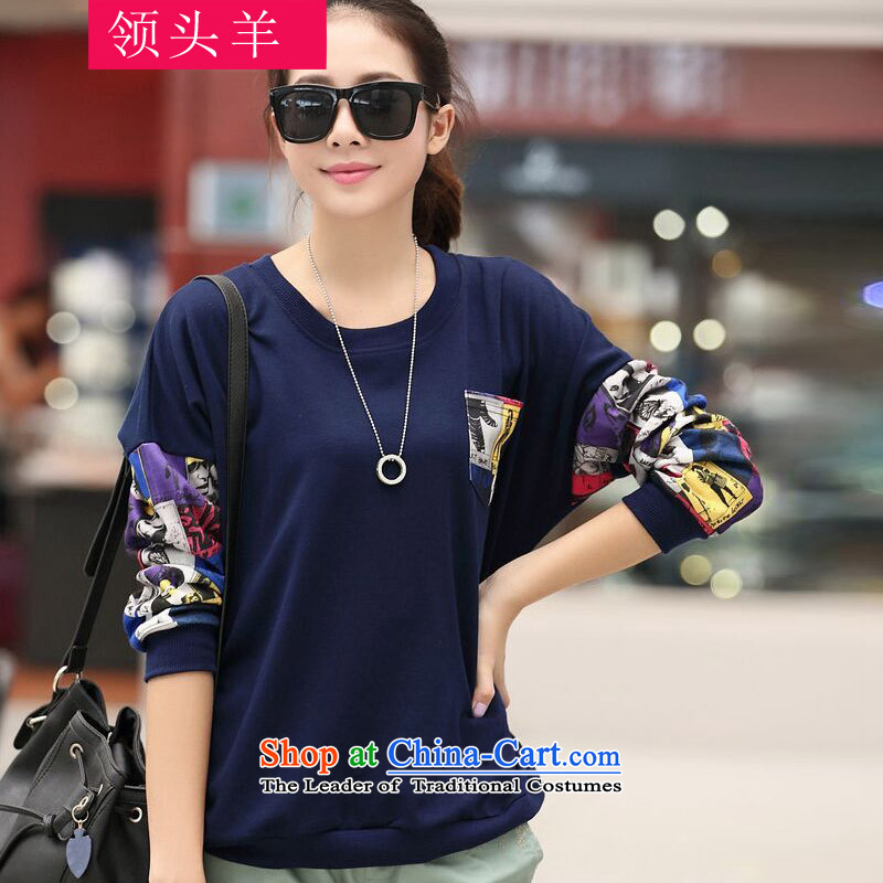 Leader of the Korean version of the new 2015 large female autumn boxed long-sleeved T-shirt thick girls' Graphics thin, stylish XL to wear the shirt T-shirts leisure 560 dark blue - plusrecommendations 160-200 3XL lint-free of coal