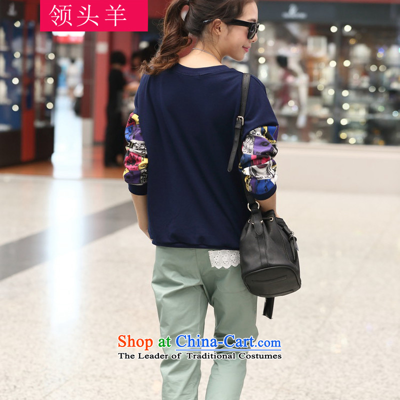 Leader of the Korean version of the new 2015 large female autumn boxed long-sleeved T-shirt thick girls' Graphics thin, stylish xl to wear the shirt T-shirts leisure 560 dark blue - plus recommendations 160-200 3XL, lint-free, Leader (lingtouyang) , , , shopping on the Internet