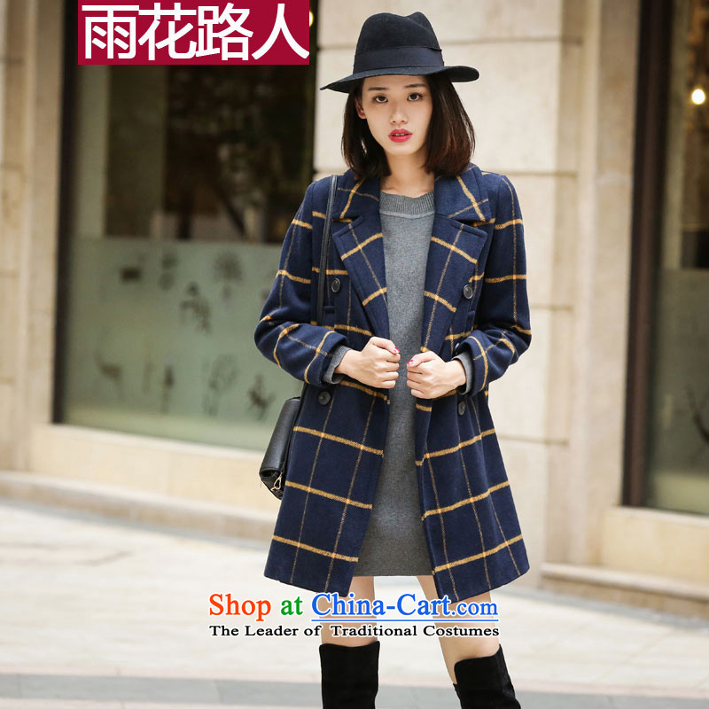 Rain passers loose video thin latticed gross overcoats in this long 2015 Sau San double-Korean version of large numbers fall and winter blue patternedL