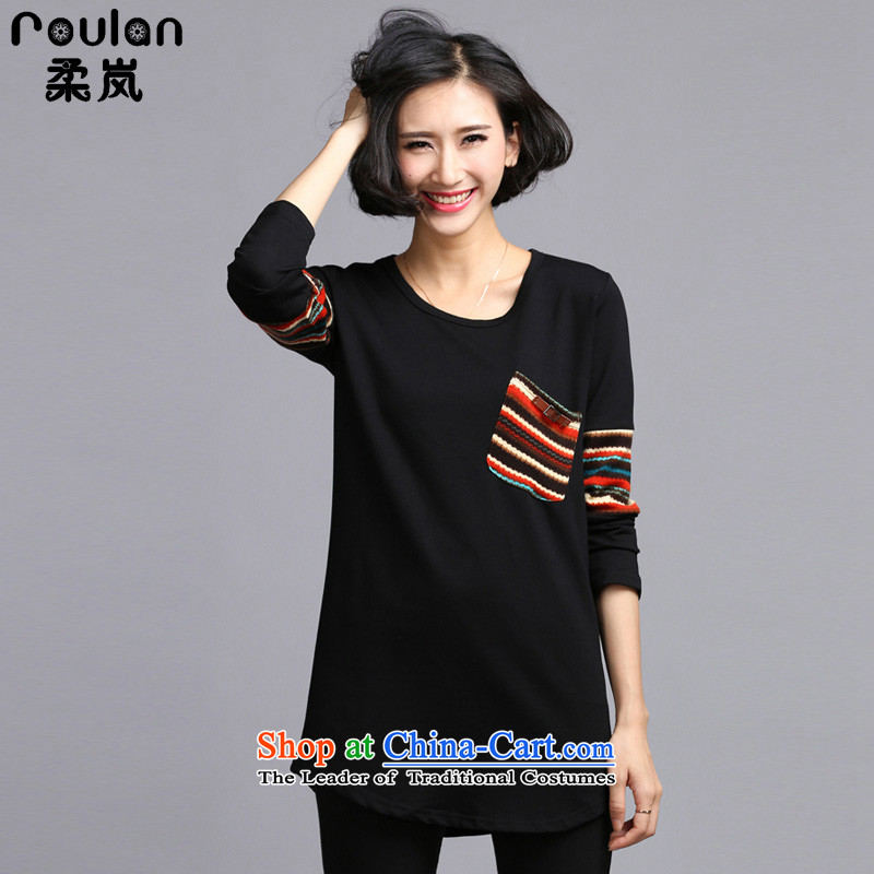 Sophie included large numbers of ladies wear shirts female autumn and winter 2015 to increase the burden of thick mm 200 graphics thin knocked-color printing long-sleeved T-shirt6119Black5XL