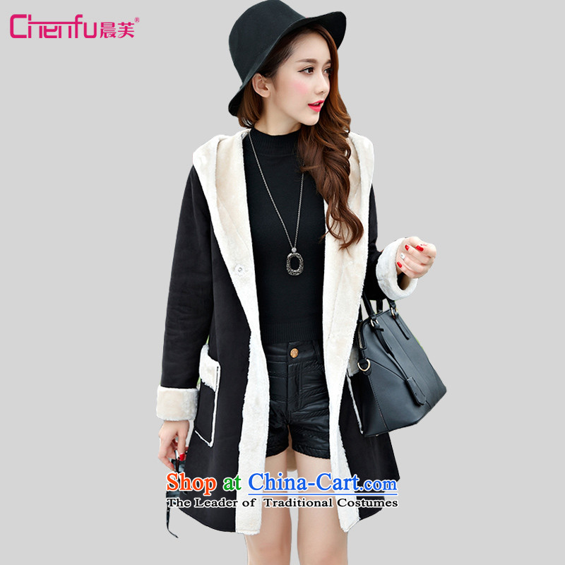 Morning to 2015 autumn and winter large new women's fashion the lint-free thick Fur Imitation Leather Jacket emulation fox gross lint-free, warm jacket black 3XL recommendations 140-150catty