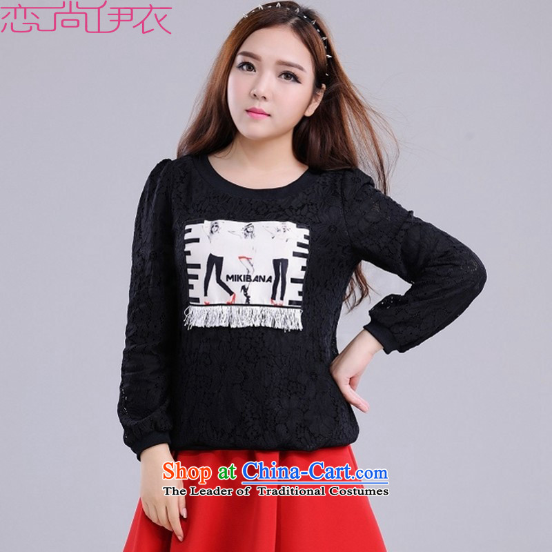 The new 2015 winter thick T-shirt SWEET STREAM su stamp temperament lace shirt to XL OL T-shirt with round collar long-sleeved shirt, forming the lint-free wearing blackapproximately 165-180 4XL catty