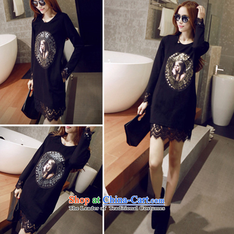 Highlight the language of?autumn and winter 2015 position the new Korean version of large numbers of ladies to increase women's wear shirts code thick mm thin in the video long lace long-sleeved black?XXXXL dresses