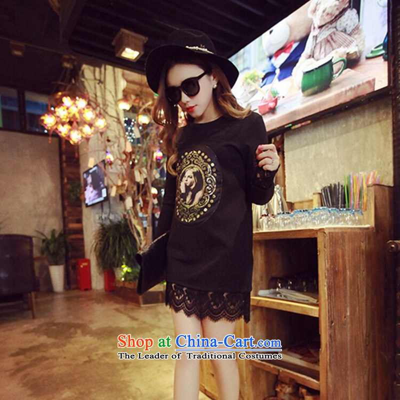Highlight the language of autumn and winter 2015 position the new Korean version of large numbers of ladies to increase women's wear shirts code thick mm thin in the video long lace long-sleeved black XXXXL, dresses on , , , , Gigi Lai shopping on the Internet
