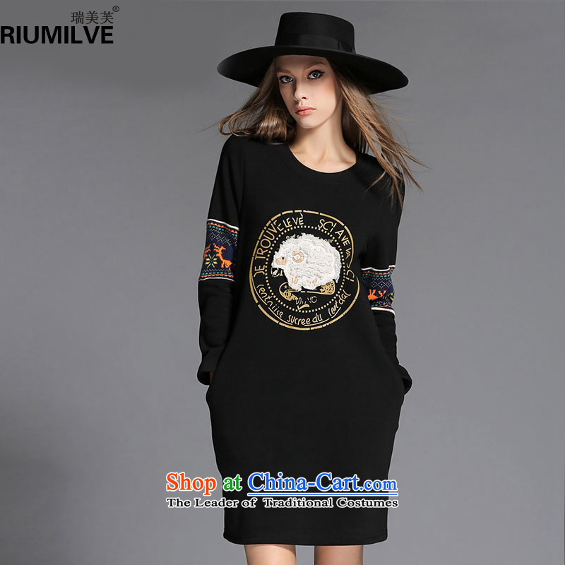 Rui Mei to large 2015 Fall_Winter Collections for women to new xl stylish stamp forming the long-sleeved thick wool dresses R2152 black 4XL