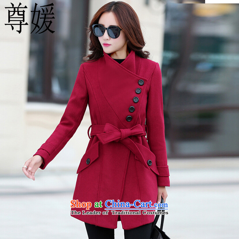 Extreme yuan by 2015 autumn and winter new Korean version of the long graphics thin tether Sau San Mock-neck a wool coat gross? jacket female 932 BOURDEAUX?M