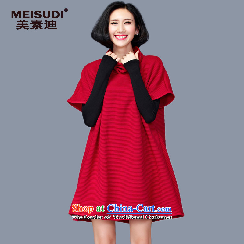 2015 Autumn and Winter Korea MEISUDI version of large numbers of ladies stylish high-collar loose video thin wild knitwear short-sleeved jacket wild sweater dresses are red code _loose_