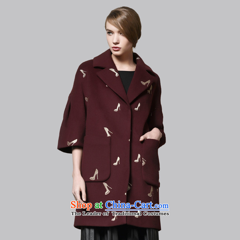 Leather dog 8245001130 exquisite wine red embroidery wild bubble seven cuff cocoon style woolen coat 100_M