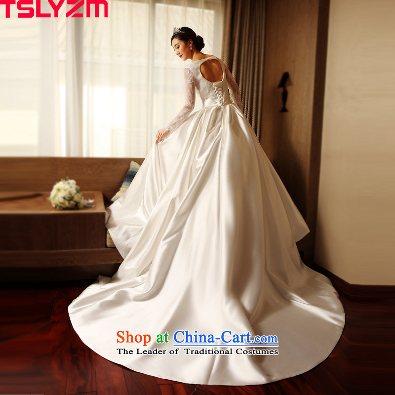 Tslyzm bride long-sleeved wedding dresses large tail of a wedding dress shoulder field Deluxe Terrace back damask satin lace water drilling Foutune of video thin white l,tslyzm,,, shopping on the Internet
