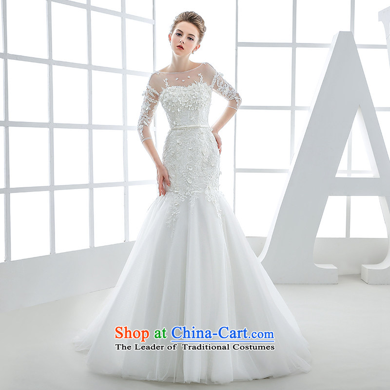 Wedding dress 2015 winter new bride Korean Won-Sau San video thin lace flowers crowsfoot long tail and tail M white 80 cm honeymoon bride shopping on the Internet has been pressed.