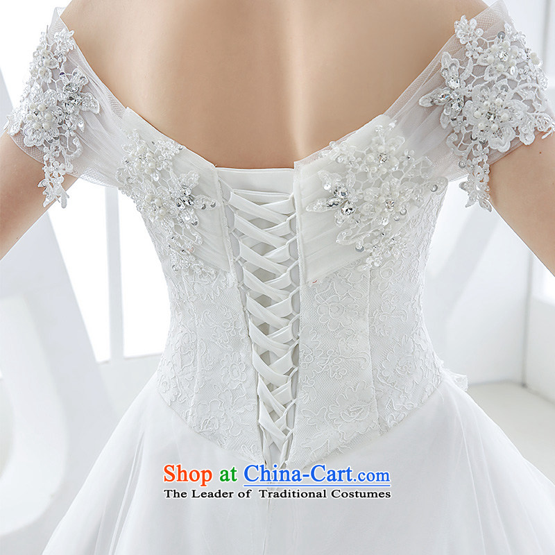 Wedding dress of autumn and winter 2015 new bride first field to align the shoulder v-neck with Europe and the cuff princess stylish and simple white S honeymoon bride shopping on the Internet has been pressed.